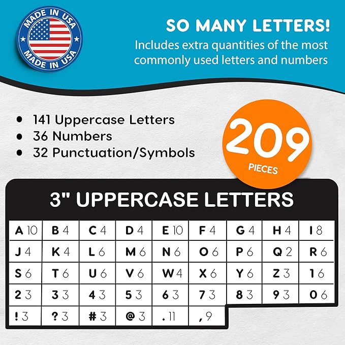 209 Pcs 3" Blue Bulletin Board Letters & Numbers, Capital Letters, Numbers, Punctuation, US Made Card Stock Punch Out Letters for Poster, Bulletin Board, Classroom - Precut Letters & Numbers