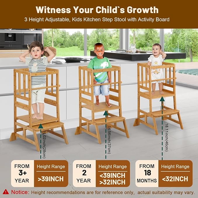COSYLAND Toddler Standing Tower - Adjustable Height Toddler Kitchen Stool Helper - Kids Kitchen Step Stool for Learning with Removable Safety Railing Natural
