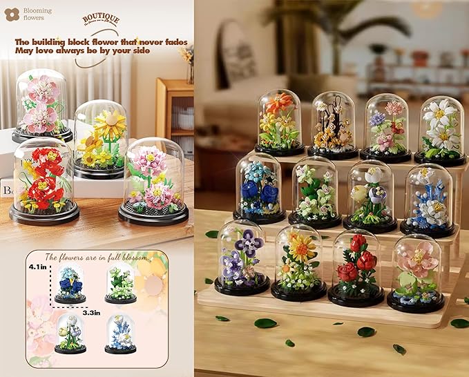 Passionate Bloom Home Bouquets Dust Cover Set Building Toy Creative Assembly Bonsai Tree, Ideal for Valentine's Anniversaries Birthday