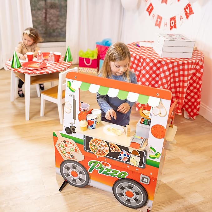 Melissa & Doug Wooden Pizza Food Truck Activity Center with Play Food, for Boys and Girls 3+