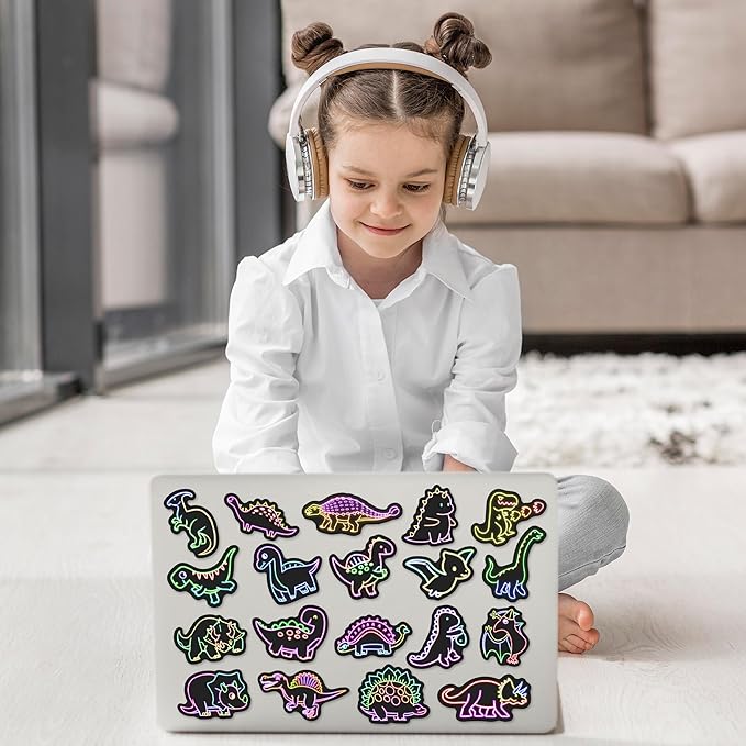 51 Pcs Neon Dinosaur Stickers for Kids Glow in The Dark, Dinos Sticker for Water Bottle, Vinyl Waterproof Laptop Decals for Teens Girls Boys, Students Adults Sticker Pack