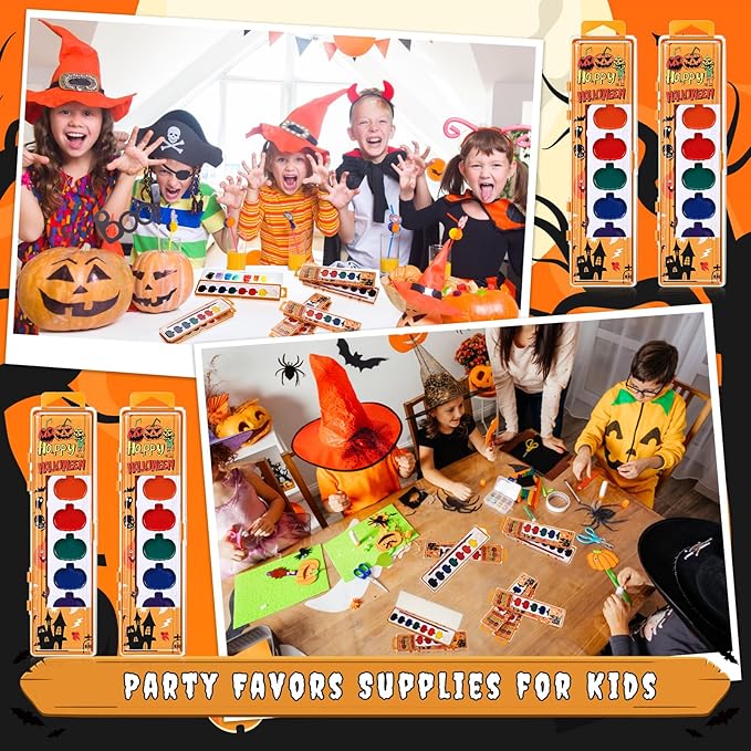 Halloween Pumpkin Watercolor Paint Set for Kids 8 Washable Colors with Brushes Water Color Painting Kit for Halloween Painting Kit Gift Party Supplies (60 Pack)
