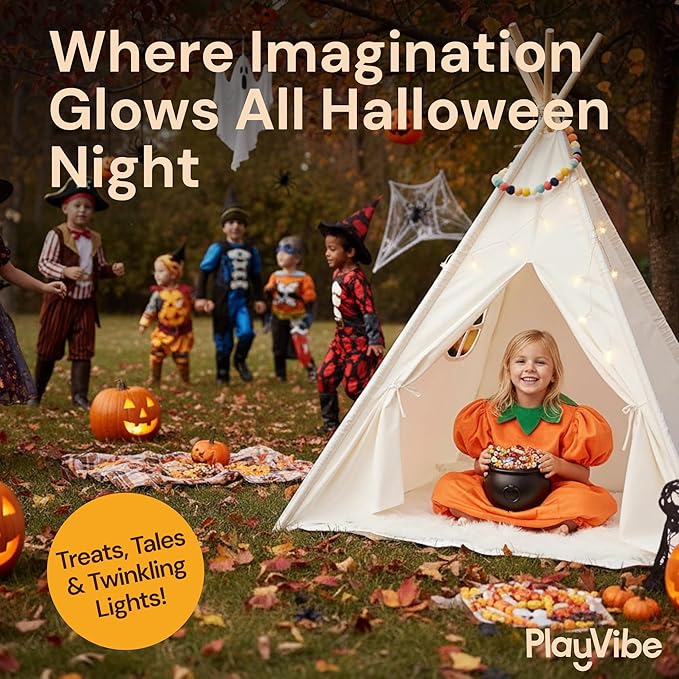 PLAYVIBE Teepee Tent for Kids - Castle Theme Indoor & Outdoor Playhouse with LED Star Lights - Halloween Party Tent, Cozy Fall Decor & Toddler Toy Fort
