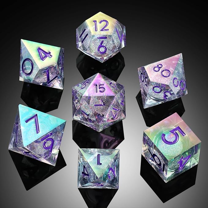 Sharp Edge Dice with Iridescent Plating, DNDND Handmade Liquid Core Resin D&D Dice Set with Dragon Metal Gift Case for Dungeons and Dragon Tabletop Games (Iridescent Plating Liquid)