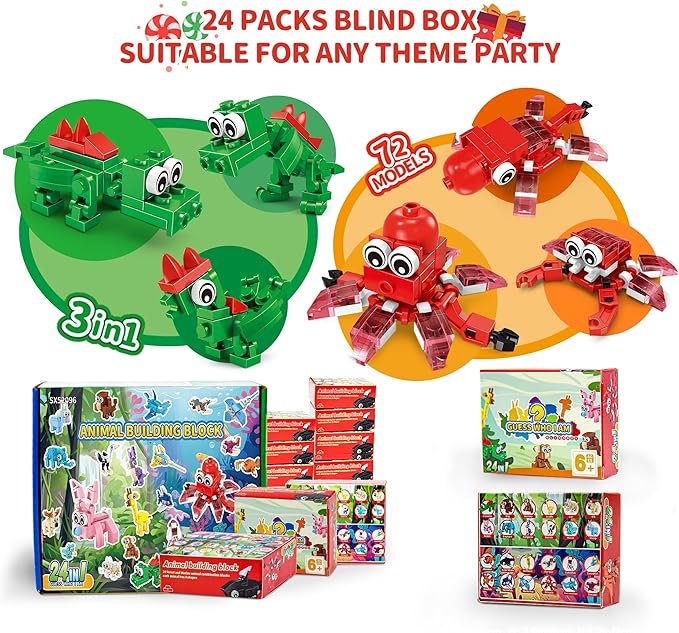 Party Favors for Kids - 24 Pack 72 Kinds of Animals Building Block Toy Stocking Stuffers Classroom Prizes Goodie Bags Easter Gifts Building Set, Christmas Birthday Gift for Boys Girls Ages 6-12+