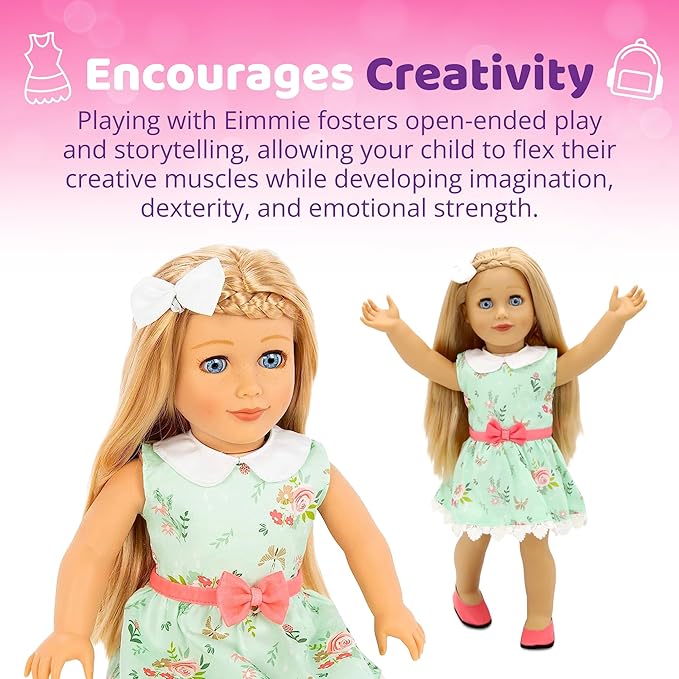 Playtime by Eimmie 18 Inch Doll with Blonde Hair, Blue Eyes, Outfit, Shoes, Pajamas, 18” Clothes Accessories & Travel Suitcase - Girls, Toddler & Childs Play Dollie - Eimmie