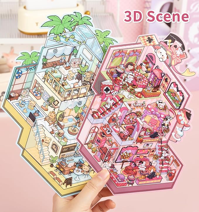 DIY 3D House Stickers, 4 Sets Fun DIY Stickers Scene Make Your Own Mini House Cute Cartoon Animal Scene Stickers for Kids Adult Sticker Art Relief Stress Pass The Time-Large Size