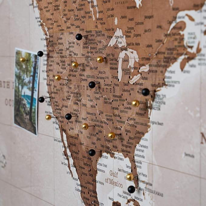 Canvas World Map with Cork Pin Board - English Lettering - Decorative Wall Decoration for All Rooms - Canvas Pictures with World Map Motif (70x50 cm, Pattern 17)
