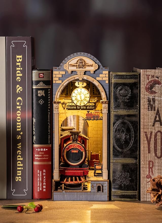 ROBOTIME Book Nook Kit DIY Miniature House Kit 3D Wooden Puzzle Booknook Decorative Bookend Bookshelf Halloween/Christmas Decorations/Gifts for Adults (Time Travel)