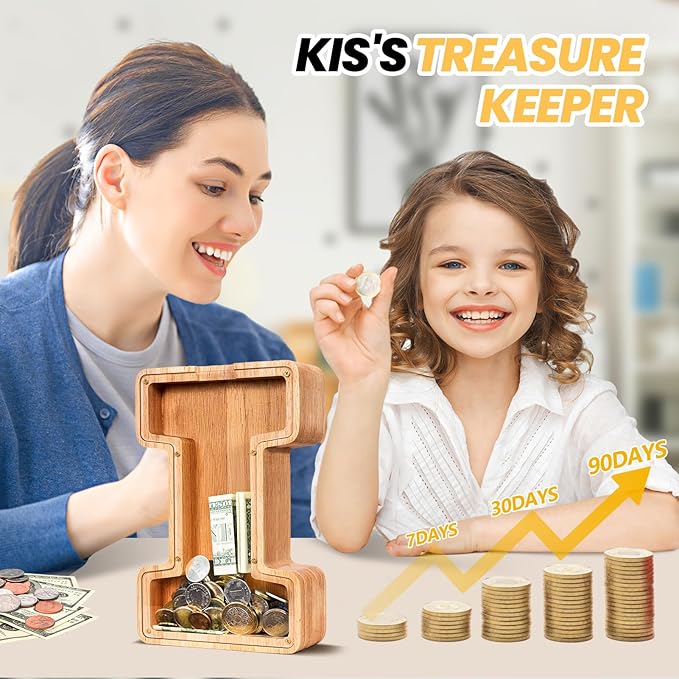 KMC Wooden Letter Piggy Bank, Personalized Initial Piggy Bank for Kids Boys, Clear Alphabet I Wood Money Box, Unbreakable Coin Saving Jar, Birthday, for Children