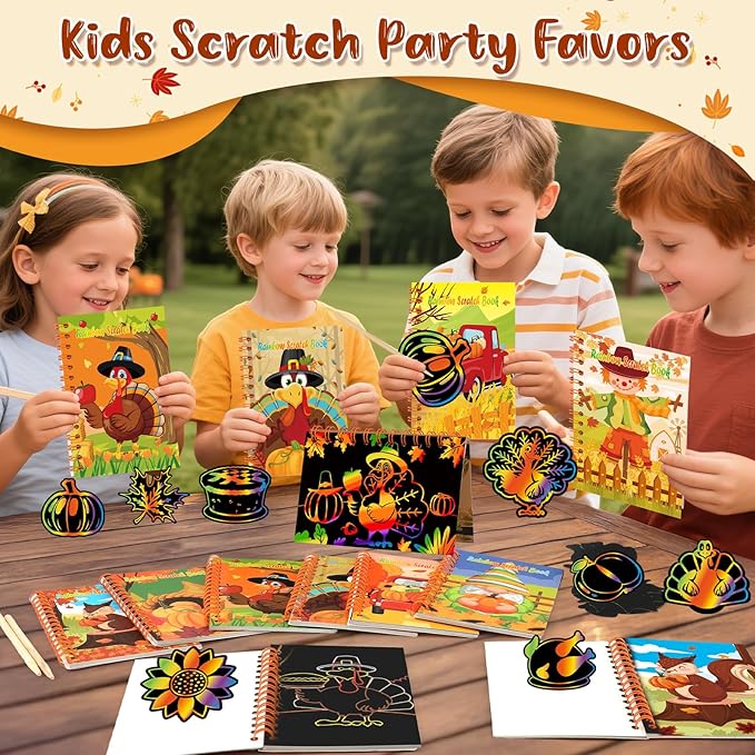 24 Pack Thanksgiving Scratch Art Party Favors for Kids - Rainbow Scratch Paper with Fall Party Scratch Off Cards Pumpkin Birthday Goodie Bag Stuffers - Return Gifts DIY Classroom Prize