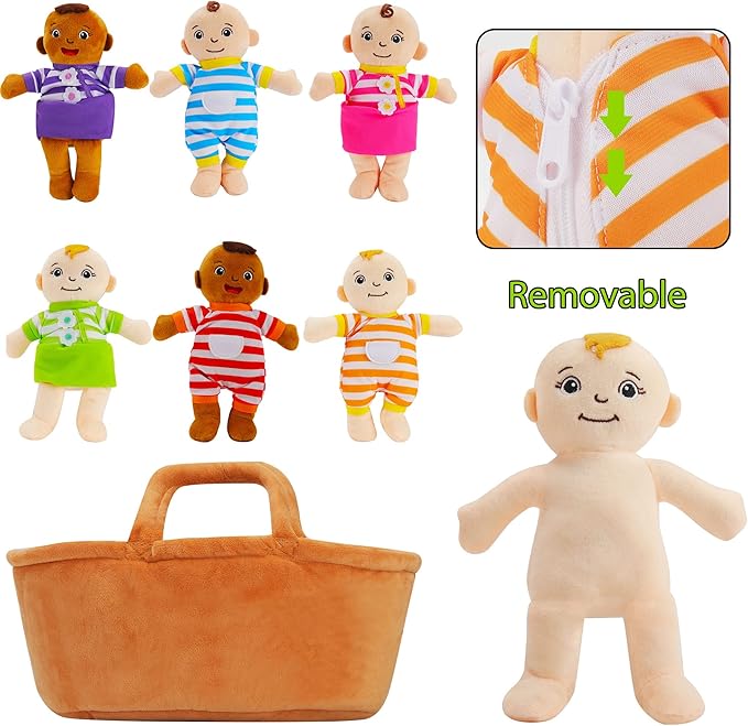 Basket of Babies Plush Dolls, 8" Plush Diversity Baby Dolls- 6 Piece Set Interchangeable Clothes Stuffed Plush Figures for All Ages Easter Gift