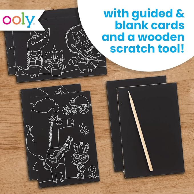 Ooly Mini Scratch & Scribble Art Kit - 6 Card Rainbow Scratch Art Set Gifts for Kids, Travel-Friendly Craft Kit, Scratching Tool Included - Safari Party