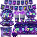 Glow Neon Party Supplies Tableware Set, 142Pcs Let's Glow Birthday Party Decorations Include Neon Plates and Napkins,Cups,Glow Tablecloths for Neon Party Decorations, Serves 20