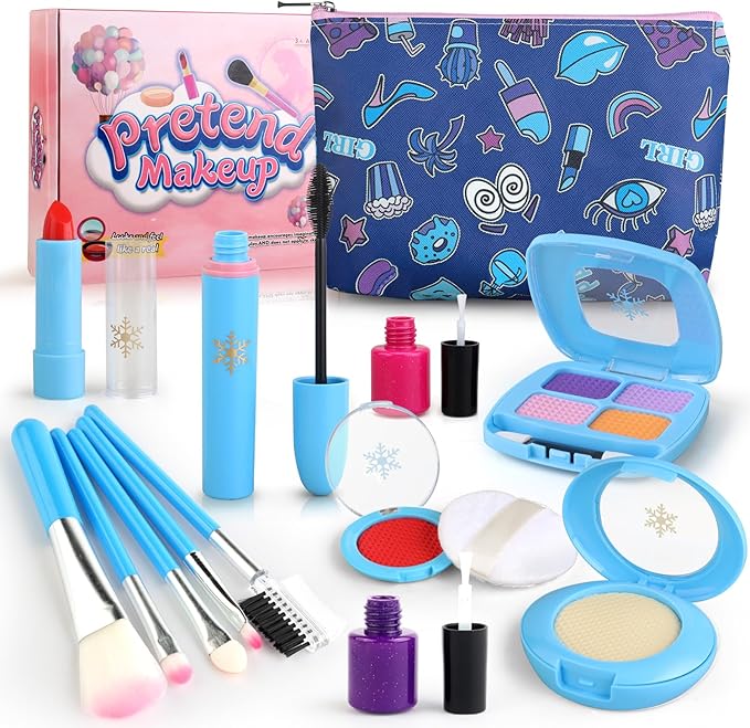 Toddler Girls Toys Pretend Makeup Kits - Fake Makeup Set for Kids 3 4 5 6 Year Old , Play Makeup Gift for Little Girls 3-5, Toddler Kit with Fake Make up Toy Birthday Gift (Blue)