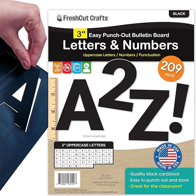 209 Pcs 3" Black Bulletin Board Letters & Numbers, Capital Letters, Numbers, Punctuation, US Made Card Stock Punch Out Letters for Poster, Bulletin Board, Classroom - Precut Letters & Numbers
