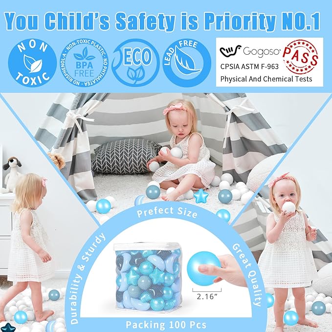 GOGOSO Ball Pit Balls Stars Moon Shapes Plastic Pitballs for Toddler Play Tent Baby Photo Props Kids Pool Water Toys Kiddie Pool Party Decor,Gradient Blue, 100pcs