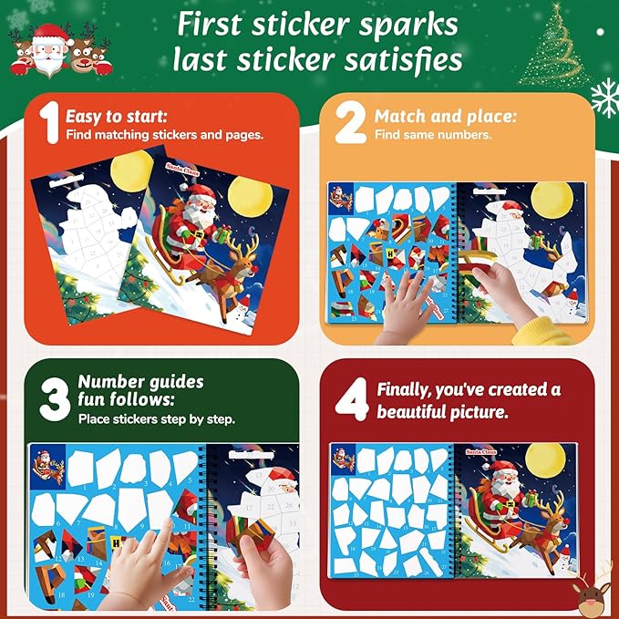 CutteeyFyry 4PCS Paint by Number Sticker Book - Christmas Crafts & Acitivity Puzzles Book for Kids Ages 4-10, Travel Toys for Road Trip & Airplane,Perfect Christmas Gifts & Basket Stuffers for Kids