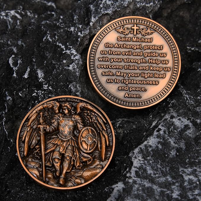 3Pcs Saint Michael Archangel Protection Coin, 1.57-Inch Double-Sided Zinc Alloy Collectible with Antique Finish, Featuring Saint Michael Prayer Christian Challenge Coin (Pack of 3)