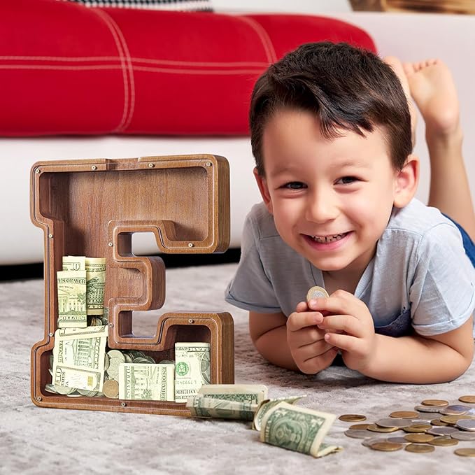 Summidate Large Wooden Piggy Bank for Kids Adults, Alphabets Letter A-Z Piggy Bank for Boys Girls, Coins Bills Change Bank Box Personalized Initial Name Kids Money Bank for Birthday Present and Decor