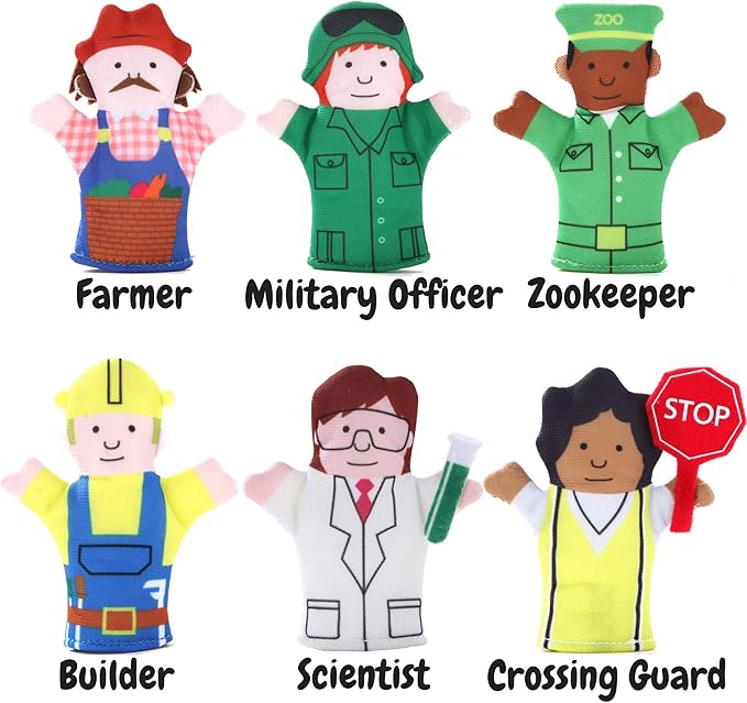 Happy Helpers Finger Puppets 12-Piece Set - Teach and Learn with a Variety of Neighborhood People Characters - Free Bonus E-Book - for Families, Children, Kindergarten, Play and ESL
