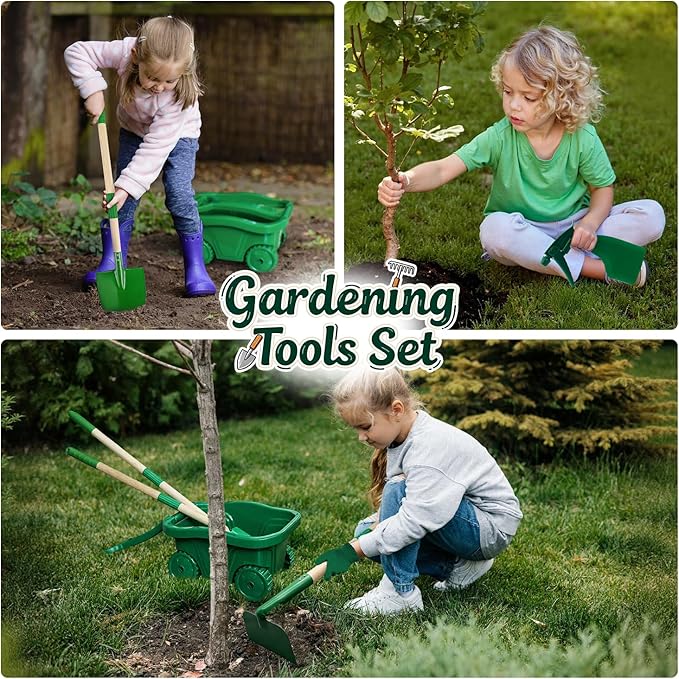 Kids Gardening Tools Set,8pcs Wheelbarrow Set for Kids with Shovel, Rake, Watering Can Outdoor Backyard Farm Digging Toys, Halloween Christmas Birthday Gifts for Boys Girls