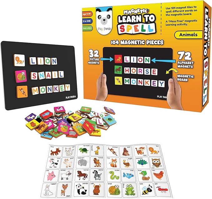 Magnetic Preschool learning Toys for Toddlers Aged 3 4 5 6 Years Old Learn to Spell Animals|104 Magnet Pieces-32 Picture & 72 Letters with Magnet Board & Spelling Game Guide|Educational Toy for Kids