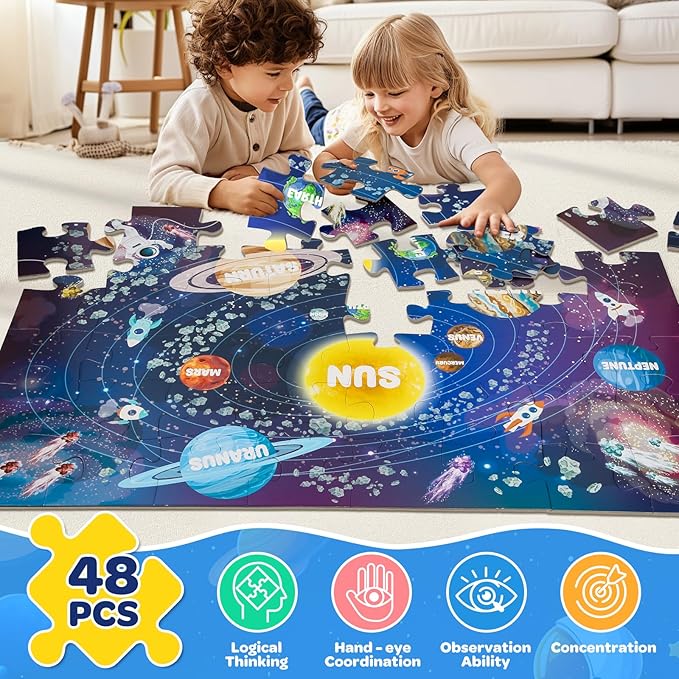 Jumbo Floor Puzzle for Kids Ages 4-6, 48 Piece Large Solar System Jigsaw Puzzle, Extra-Thick Cardboard Preschool Learning Toys for Toddlers 3-5, Educational Gift for Boys Girls 3 4 5 6 7 8