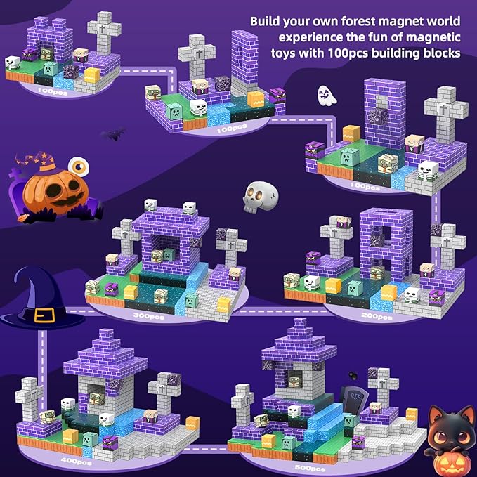 Magnetic Blocks Halloween Building Toys Gifts Construction Toys for 3 4 5 6 7 8 Year Old Boys & Girls, STEM Montessori Sensory Creative Kids Toys Halloween Party Favors