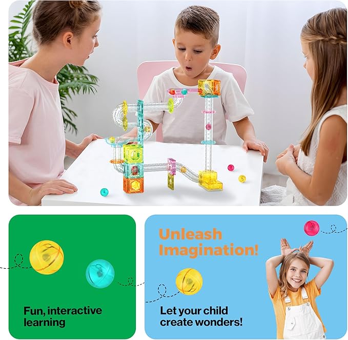 PicassoTiles Magnet Tile Building Block 80pc Marble Run Race Track Travel Size Pretend Play Toy With Launcher Lifter STEM Education Learning Magnetic Tiles Construction Kit School Boys Girls 3+ PTMG80