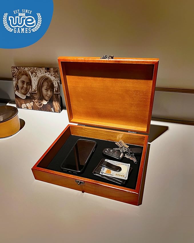WE Games Wooden Memory Box for Keepsakes – Vintage Decorative Storage Box with Lid - Redwood Finish with Logo Print