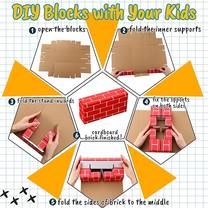 Nuanchu 60 Pcs Cardboard Building Blocks for Kids Large Jumbo Square Rectangle Thick Cardboard Pretend Bricks for Building Stacking Game(Classic Shapes)