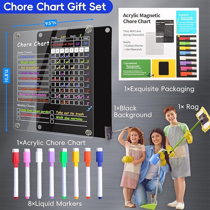 2Pcs Acrylic Magnetic Chore Chart for Kids & Adult，12" x 9.5" Behavior Responsibility Reward Chart，at Home Clear Dry Erase Refrigerator Board for Multiple Kids & Teens(w/ 8 Markers & Towel)