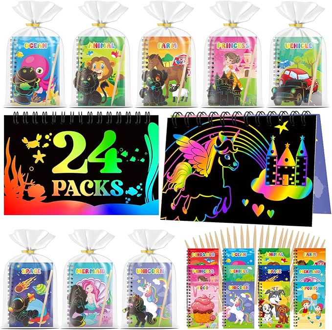24 Pack Scratch Art Party Favors for Kids - Rainbow Scratch Paper Notebook with Scratch Off Cards Easter Basket Stuffers Birthday Goodie Bags Stuffers with - Return Gifts DIY Classroom Prizes