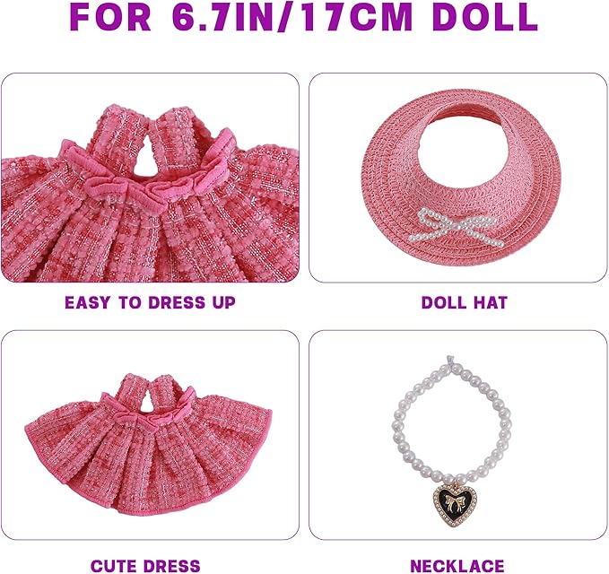 17cm Doll Clothes Set 3-Piece Pink Outfit Set with Pink Dress Necklace Hat Accessories for 17cm Plush Dolls, Clothes Only, No Doll Included