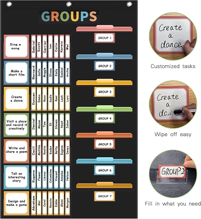 REGELETO Boho Small Group Management Pocket Chart with 114 Cards, Large Size 46 x 26.3 inch Classroom Small Group Organizer for School Teacher Elementary Preschool Learning Supplies (Black)