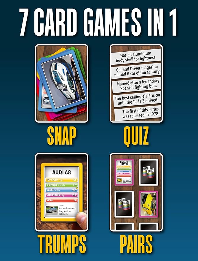 Cars Card Games - Matching Pairs, Snap, Trumps, Rummy, Happy Families (8 Games To Play) | Age 5+, 1-8 Players | Fun Family Travel Card Games and Gifts for Adults & Kids, Boys & Girls