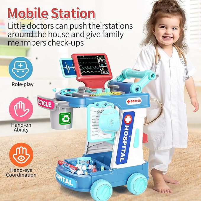 Doctor Kit for Kids, Pretend Doctor Playset for Toddlers with Cart, Costume and Stethoscope, Role Play Medical Toy for Girls Boys Toddlers 3-8 Birthday Gifts