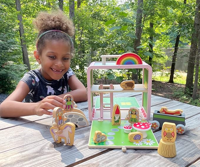Suitcase Playset(Fairy House) by Jack Rabbit Creations-17 Piece Set-Portable Play Toys-Includes Fairies,Animals ,Gnome Bridge and Car-Made of Eco-Friendly Bamboo- Ages 3+ Years