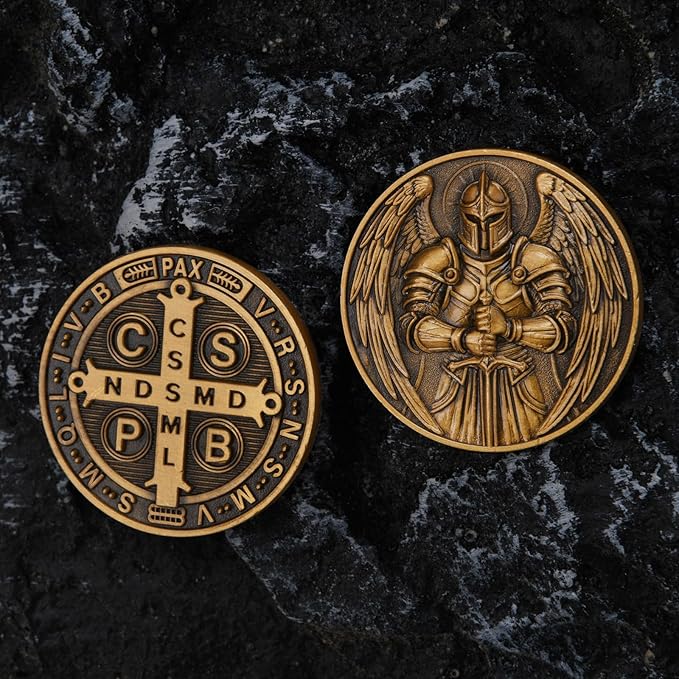 St Benedict Coin & Archangel Michael Religious Token Set - Christian Prayer Medallion with Latin Inscriptions & Guardian Angel Design