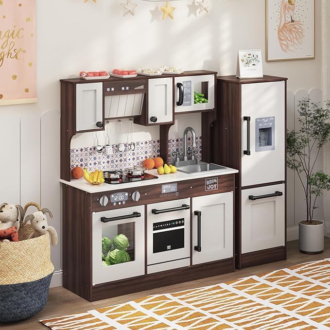 2-Piece Kids Kitchen Playset, Wooden Play Kitchen Set for Toddlers, Modular Pretend Play Kitchen w/Light&Sound Stove Oven, Large Kitchen Cooking Toy w/Refrigerator, Gift for Girls Boys