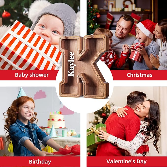 Summidate Customized Name Extra Large Wooden Piggy Bank for Kids Boys Girls Alphabets Letter A-Z Coins Bills Money Change Saving Box Clear Cover (Laser Engraved) Educational Toys 12"- Letter F