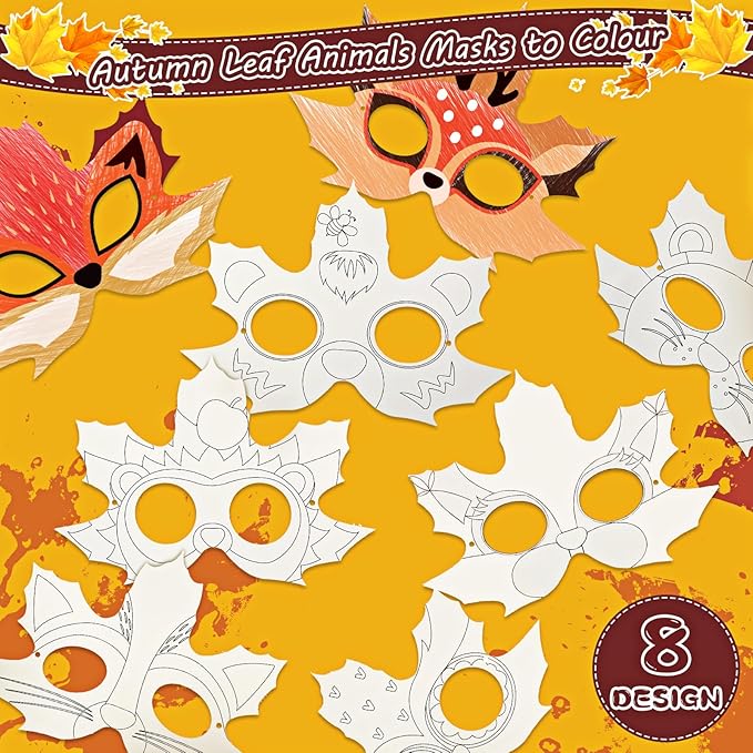 Funrous 48 Pcs Fall Craft Kits Autumn Maple Leaf DIY Mask Color Your Own Animal Blank Painting Paper Mask Thanksgiving Craft