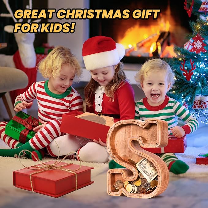 KMC Wooden Letter Piggy Bank, Personalized Initial Piggy Bank for Kids Boys, Clear Alphabet S Wood Money Box, Unbreakable Coin Saving Jar, Birthday, for Children