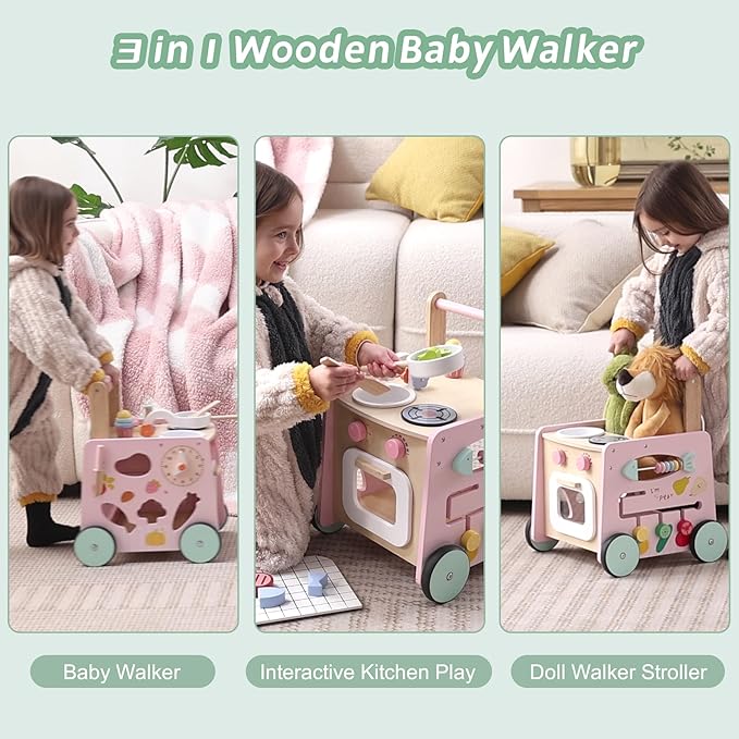 Wooden Baby Walker 9-in-1 Activity Center with Toddlers Montessori Sensory Toys and Play Kitchen Push Walker for Kids with Wheels and Storage Space, Ideal Gift for Girls Boys Ages 6-36 Month