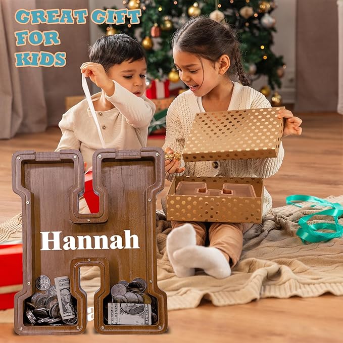 Wooden Letter Piggy Bank for Kids Larger Letter Piggy Bank for Boys and Girls Personalized Piggy Bank Initial Coin Bank Wood Kids Money Bank for Birthday and Festival