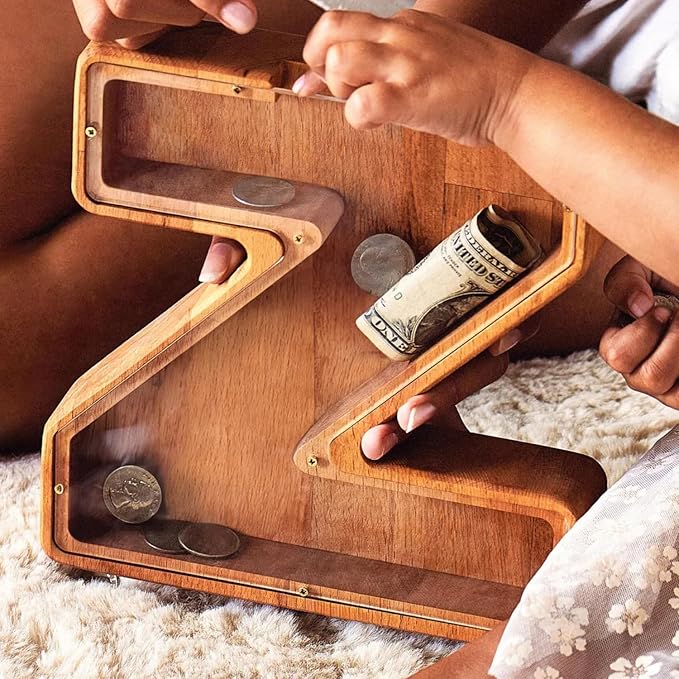 Personalized Wooden Piggy Bank – Custom Letter Z Coin Bank in Beech Wood with Clear Acrylic Front, Engraved Name Option, Money Saving Box for Kids and Adults