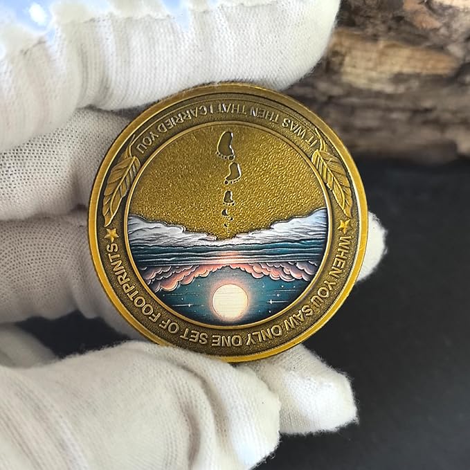 CYOUNG Footprints in The Sand Christian Challenge Coin - Inspirational Scripture Medallion with Dual-Sided Design
