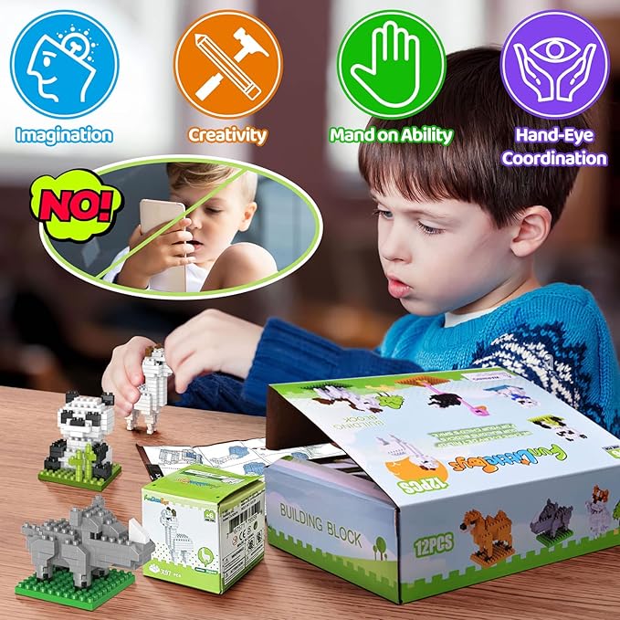 FUN LITTLE TOYS Mini Animals Building Blocks Sets for Goodie Bags, Prizes, Birthday Gifts, Party Favors for Kids 12 Boxes Christmas Stocking Stuffers