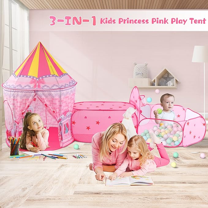 3pc Princess Fairy Tale Kids Play Tent, Cube Crawl Tunnel, Ball Pit for Toddlers, Indoor Outdoor Playhouse Castle Toys, Baby Boys Girls for 3 4 5 6 7 Years Old (Balls Not Included)